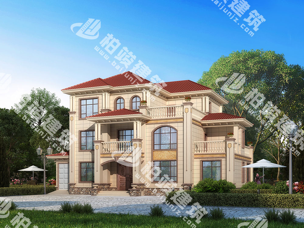 农村三层简欧风格自建房设计图，占地218㎡，外观典雅温馨，内部配置很全