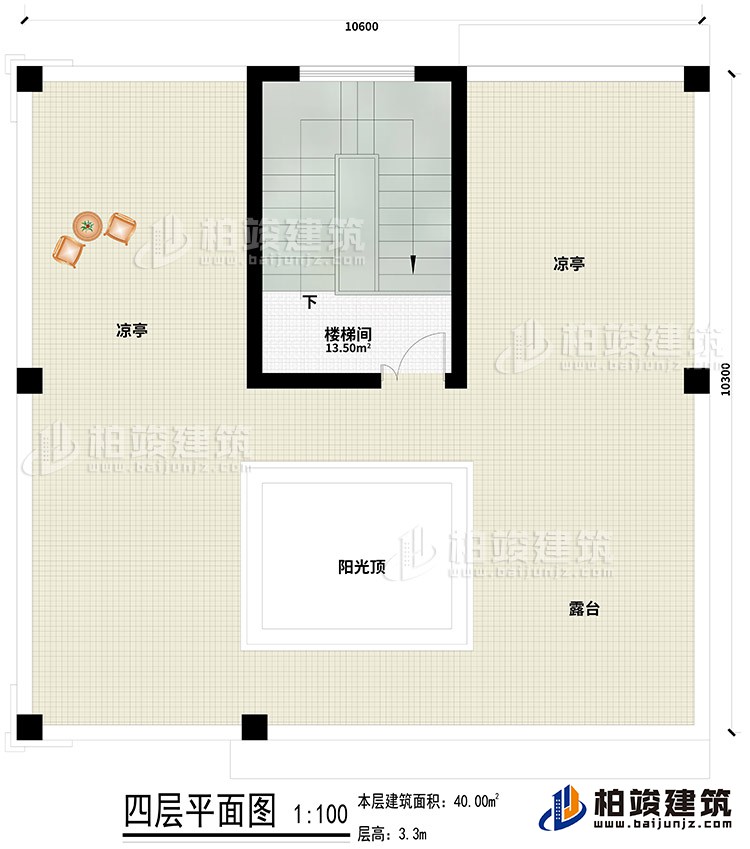 四层：楼梯间、2凉亭、露台、阳光顶