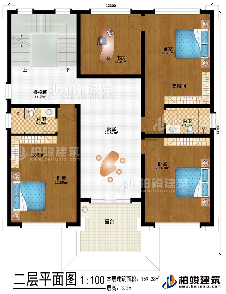 二层：3卧室、2衣帽间、2内卫、楼梯间、茶室、露台、书房