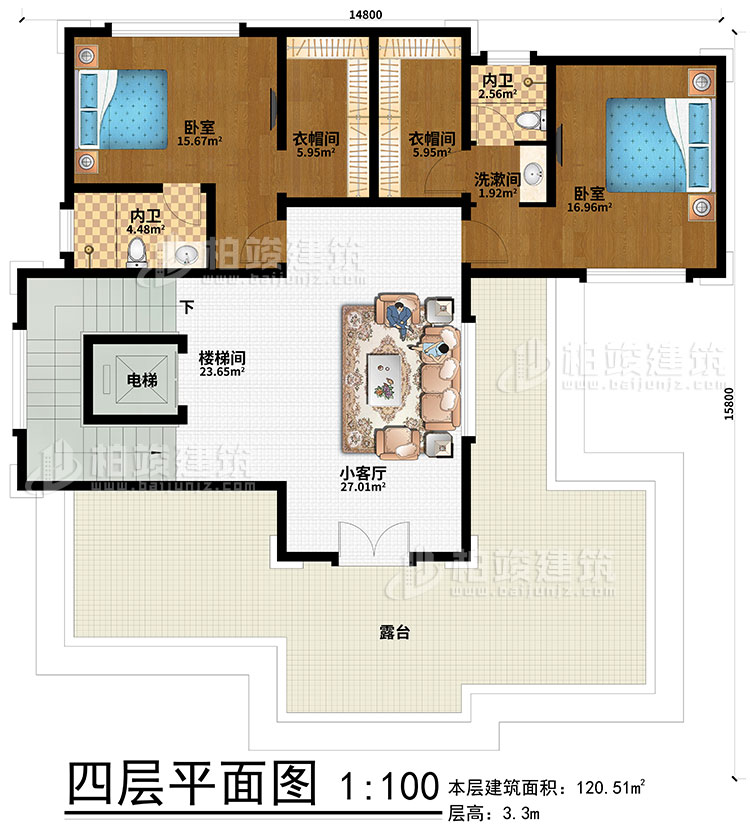 四层：2卧室、2衣帽间、2内卫、楼梯间、电梯、小客厅、露台