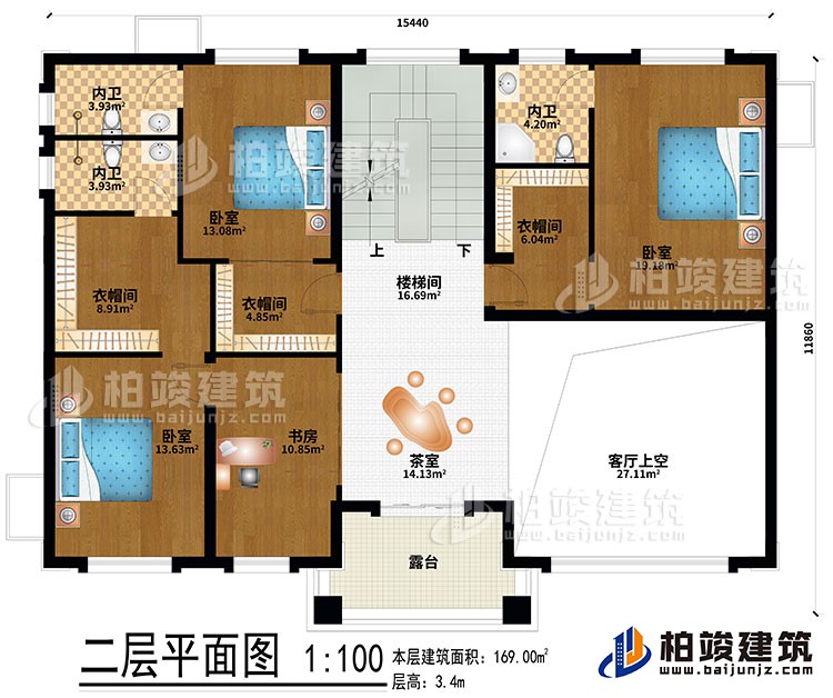 二层：茶室、楼梯间、客厅上空、3卧室、3衣帽间、书房、3内卫、露台
