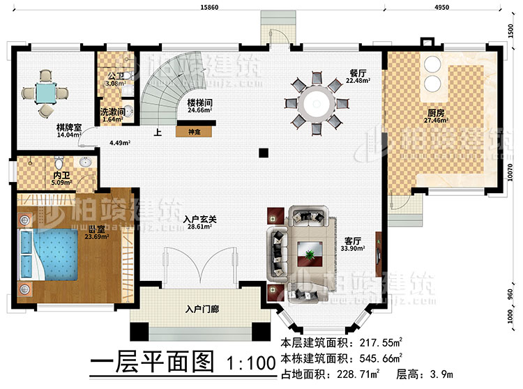 一层：楼梯间、3卧室、衣帽间、公卫、内卫、阳光房、凉亭、2露台