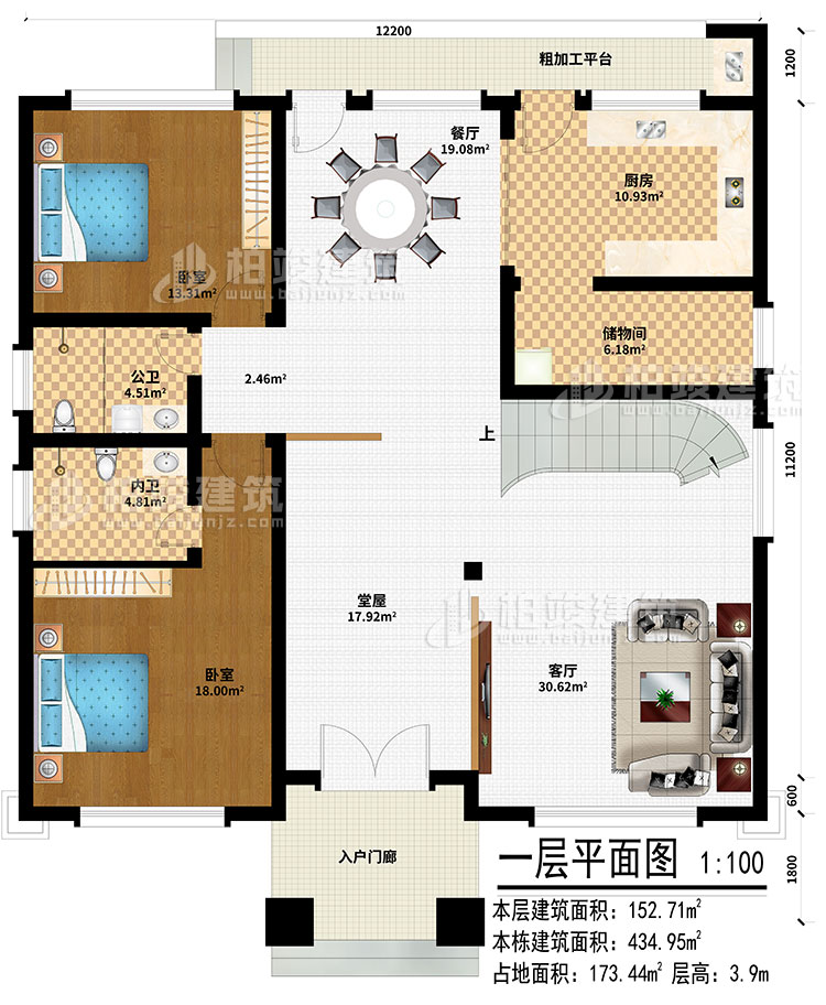 一层：入户门廊、堂屋、客厅、餐厅、厨房、储物间、2卧室、公卫、内卫、粗加工平台