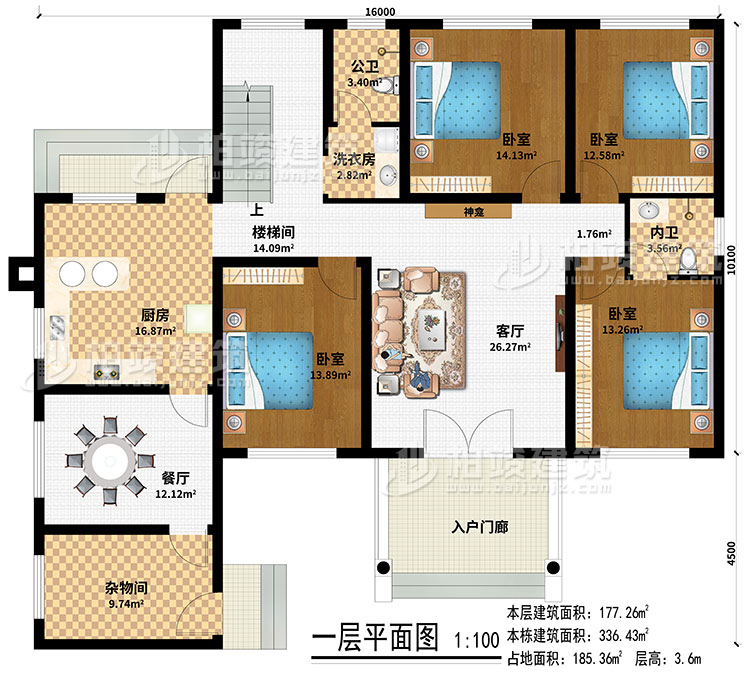 一层：入户门廊、客厅、神龛、楼梯间、厨房、餐厅、杂物间、4卧室、洗衣房、公卫、内卫