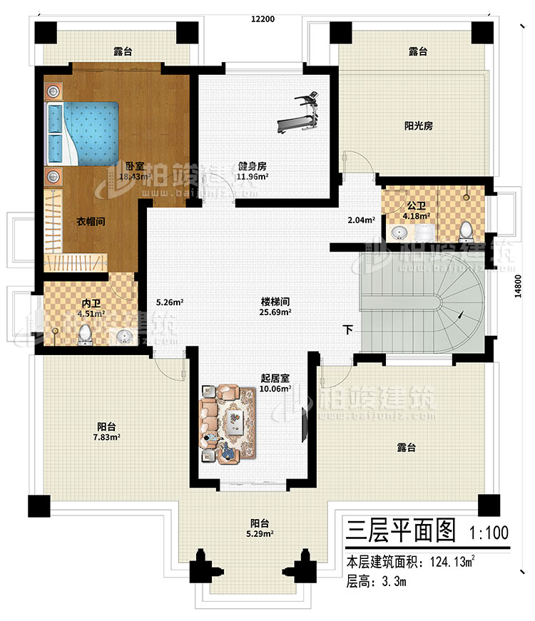 三层：起居室、楼梯间、健身房、阳光房、卧室、衣帽间、内卫、公卫、2阳台、3露台