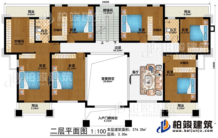 二层：堂屋挑空、入户门廊挑空、客厅、过道、楼梯间、6卧室、4衣帽间、公卫、内卫、4阳台