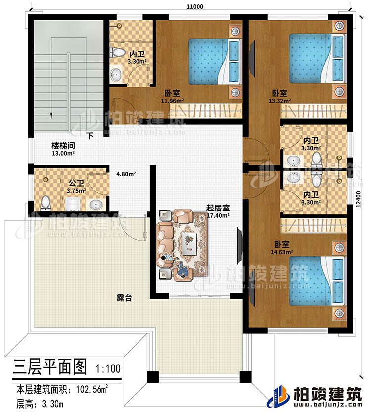 三层：起居室、楼梯间、3卧室、3内卫、公卫、露台